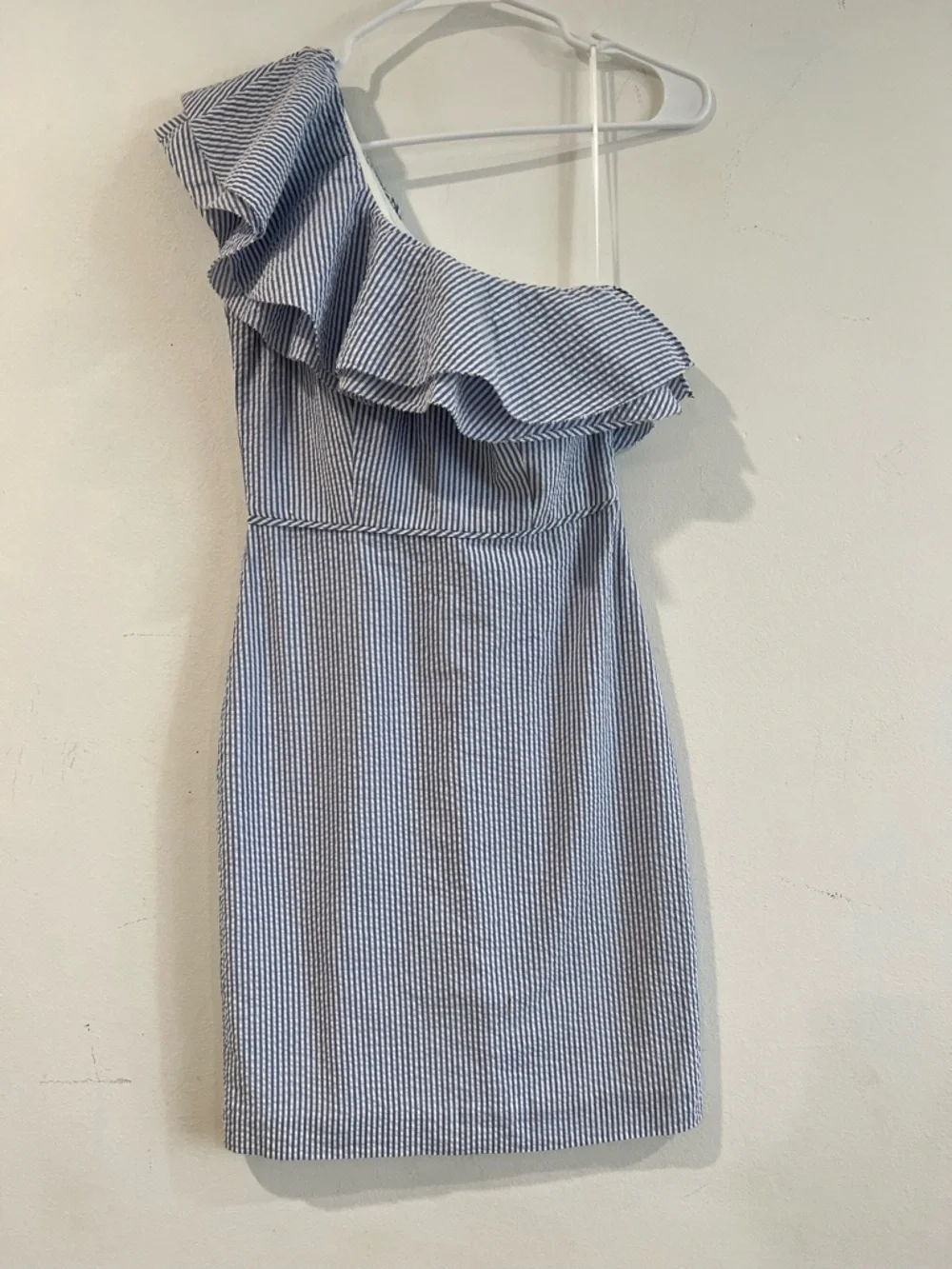 J. Crew Blue and White One-Shoulder Ruffle Dress 00